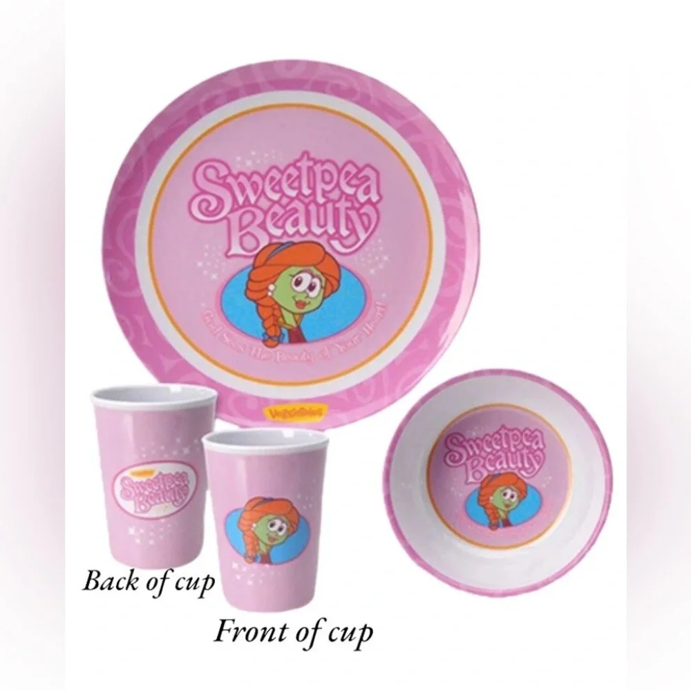 SweetPea Beauty VeggieTales Big Idea Melamine Plate Bowl Cup Dinnerware 3 Pcs